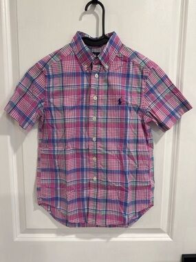 Polo Ralph Lauren Boys  8 Pink Blue Plaid Button Down Shirt Preppy Short Sleeve